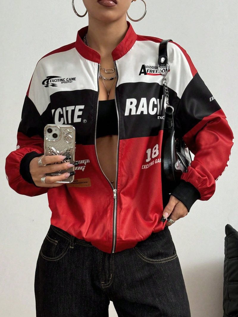 Letter Print Contrast Color Drop Shoulder Bomber Jacket