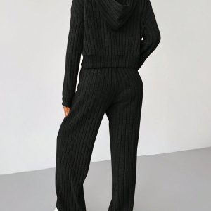 Knit Drop Shoulder Drawstring Hoodie & Pants