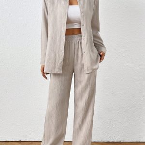 2pcs Women Spring & Autumn Casual Solid Color Long Sleeve Shirt And Pants Set