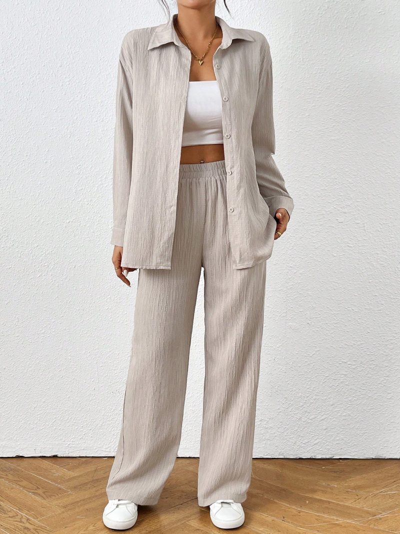 2pcs Women Spring & Autumn Casual Solid Color Long Sleeve Shirt And Pants Set