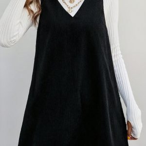 Solid V Neck Corduroy Dress Without Sweater Fall/Winter Dresses