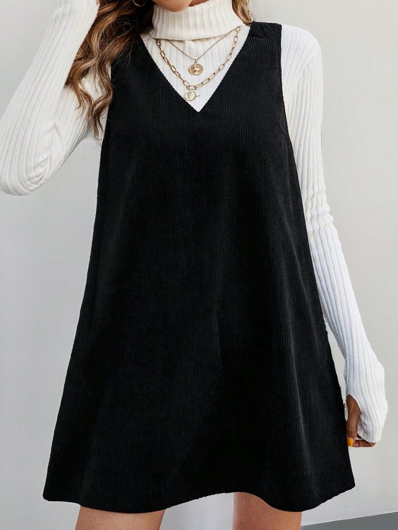 Solid V Neck Corduroy Dress Without Sweater Fall/Winter Dresses