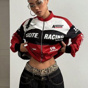 Letter Print Contrast Color Drop Shoulder Bomber Jacket