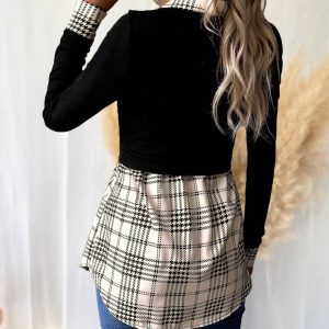 Retro American Casual Commuter Color Block Plaid Shirt Collar Blouse