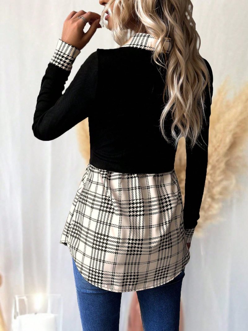Retro American Casual Commuter Color Block Plaid Shirt Collar Blouse