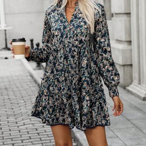 Length V-Neck Long Sleeve Navy Blue & Yellow Floral Print Shift Dress