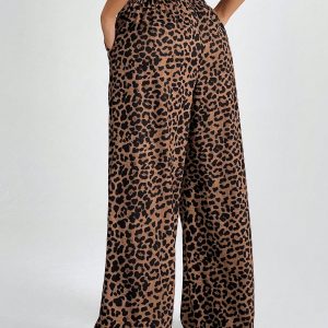 Women Elastic Waist Wide-Leg Leopard Print Loose Pants