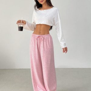 Women's Solid Color Drawstring Waist Soft Knit Loose Casual Pants, Fall/Winter , Baggy Pants