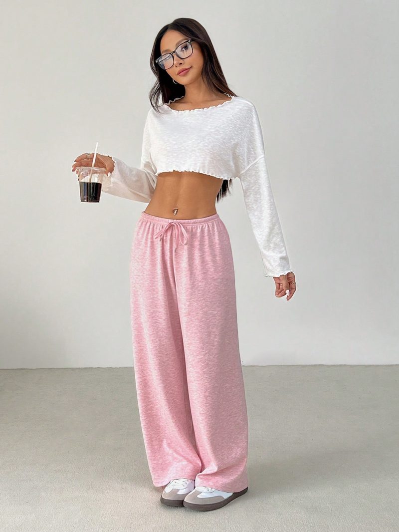Women's Solid Color Drawstring Waist Soft Knit Loose Casual Pants, Fall/Winter , Baggy Pants