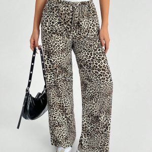 Women's Casual Leopard Print Woven Loose Wide Leg Pants