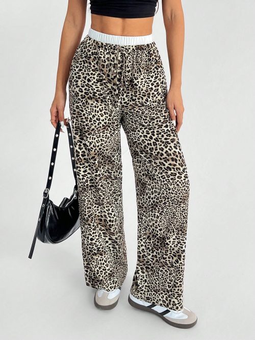 Women's Casual Leopard Print Woven Loose Wide Leg Pants