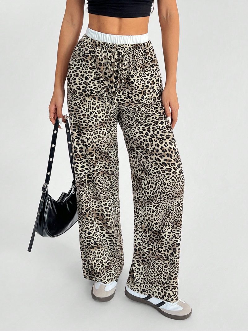 Women's Casual Leopard Print Woven Loose Wide Leg Pants