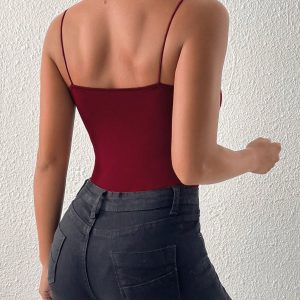 Solid Plunging Neck Cami Red Bodysuit