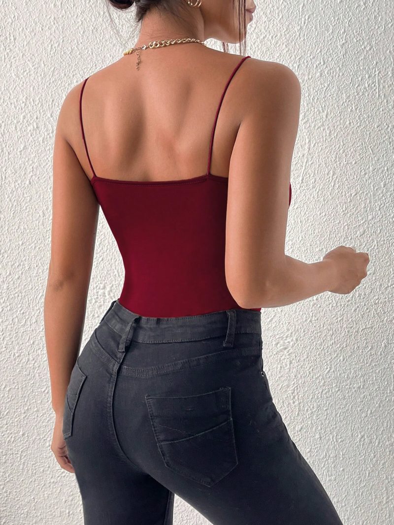 Solid Plunging Neck Cami Red Bodysuit