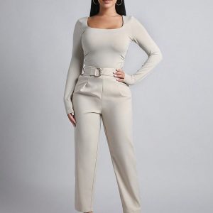 Spring Women Outfit Belted Straight Leg Pants