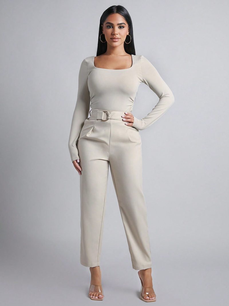 Spring Women Outfit Belted Straight Leg Pants