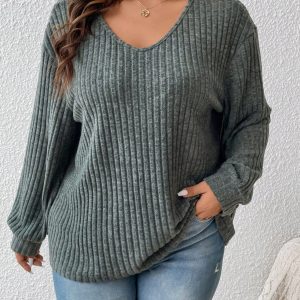 Plus Size Women Casual Solid Ribbed V-Neck Loose T-Shirt