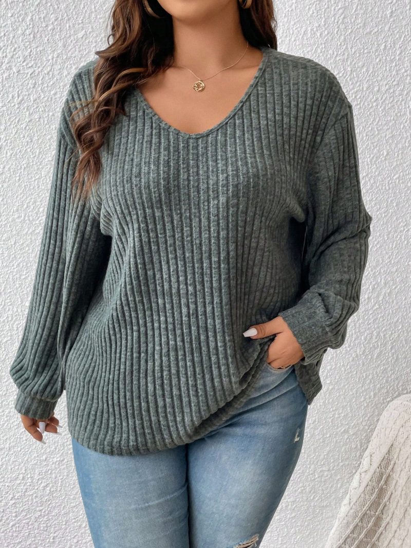 Plus Size Women Casual Solid Ribbed V-Neck Loose T-Shirt