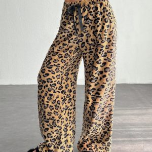 Women's Tie-Waist Fluffy Leopard Print Casual Wide Leg Baggy Pants