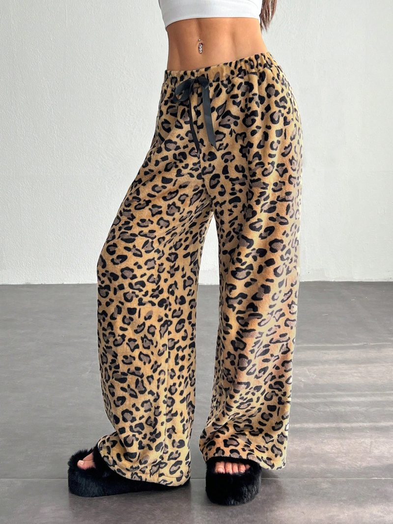 Women's Tie-Waist Fluffy Leopard Print Casual Wide Leg Baggy Pants