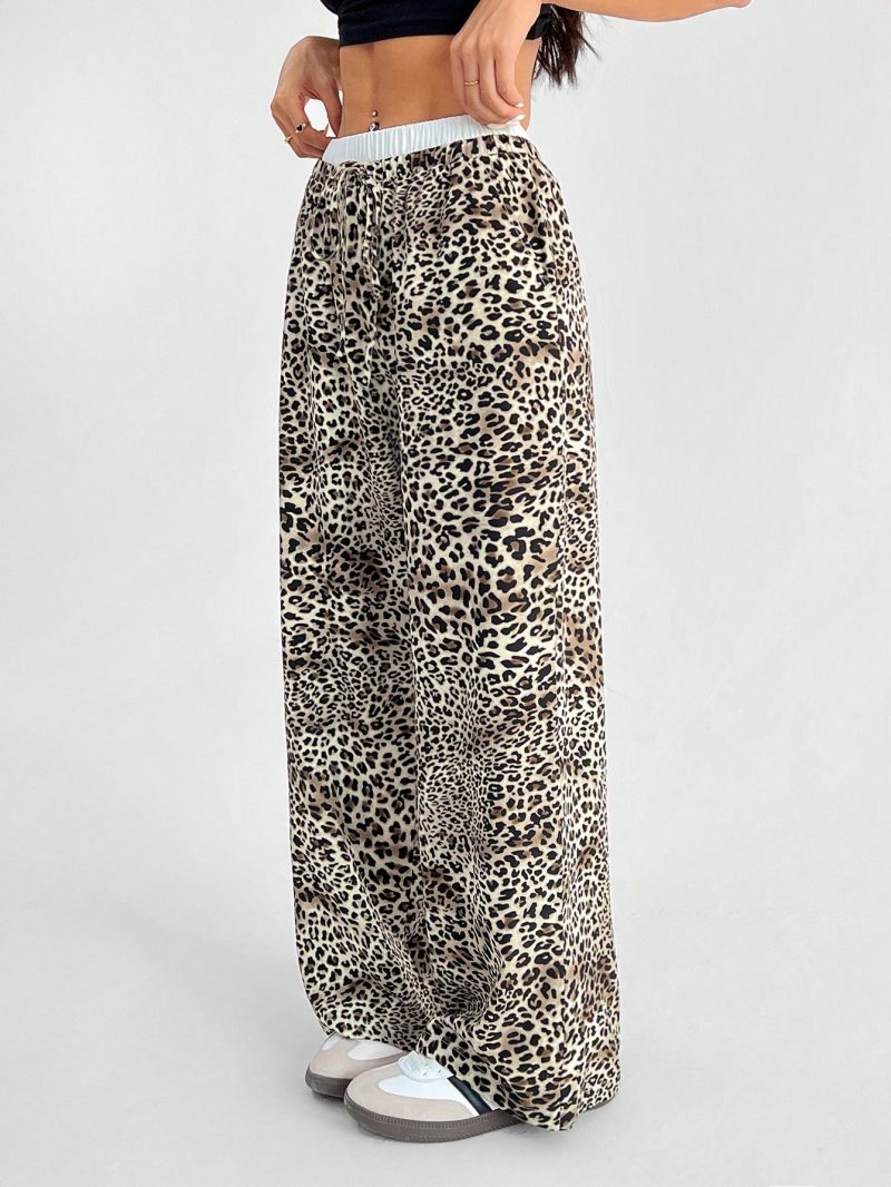 Women's Casual Leopard Print Woven Loose Wide Leg Pants