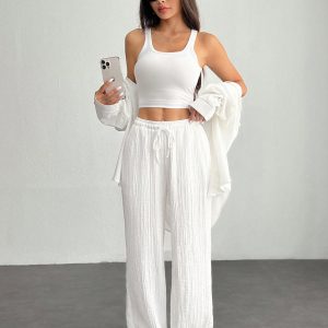 Women's Solid Color Front Tie Pleated Casual Pants, Simple And Versatile