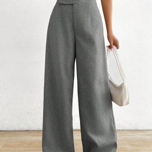 Unique Design Waist Decor Elegant Gray Wide Leg Pants, Comfortable & Versatile