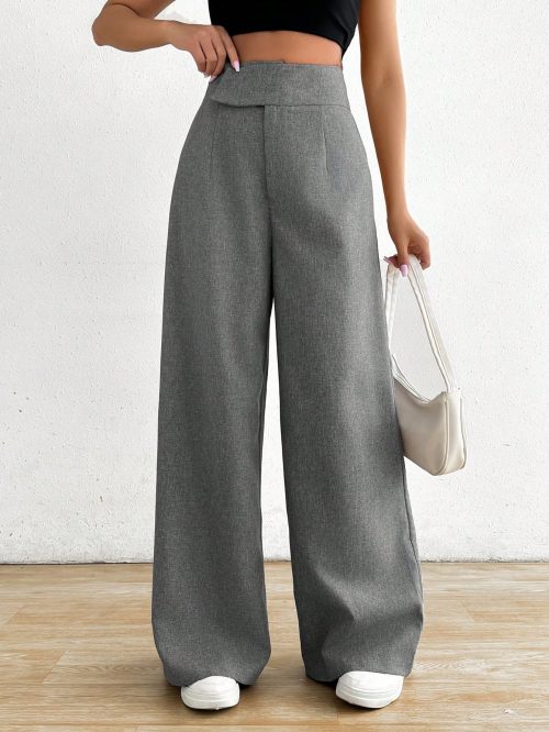 Unique Design Waist Decor Elegant Gray Wide Leg Pants, Comfortable & Versatile