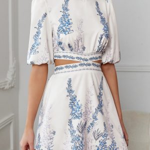 Plants Print Cut Out Waist Tie Back Puff Sleeve Dress