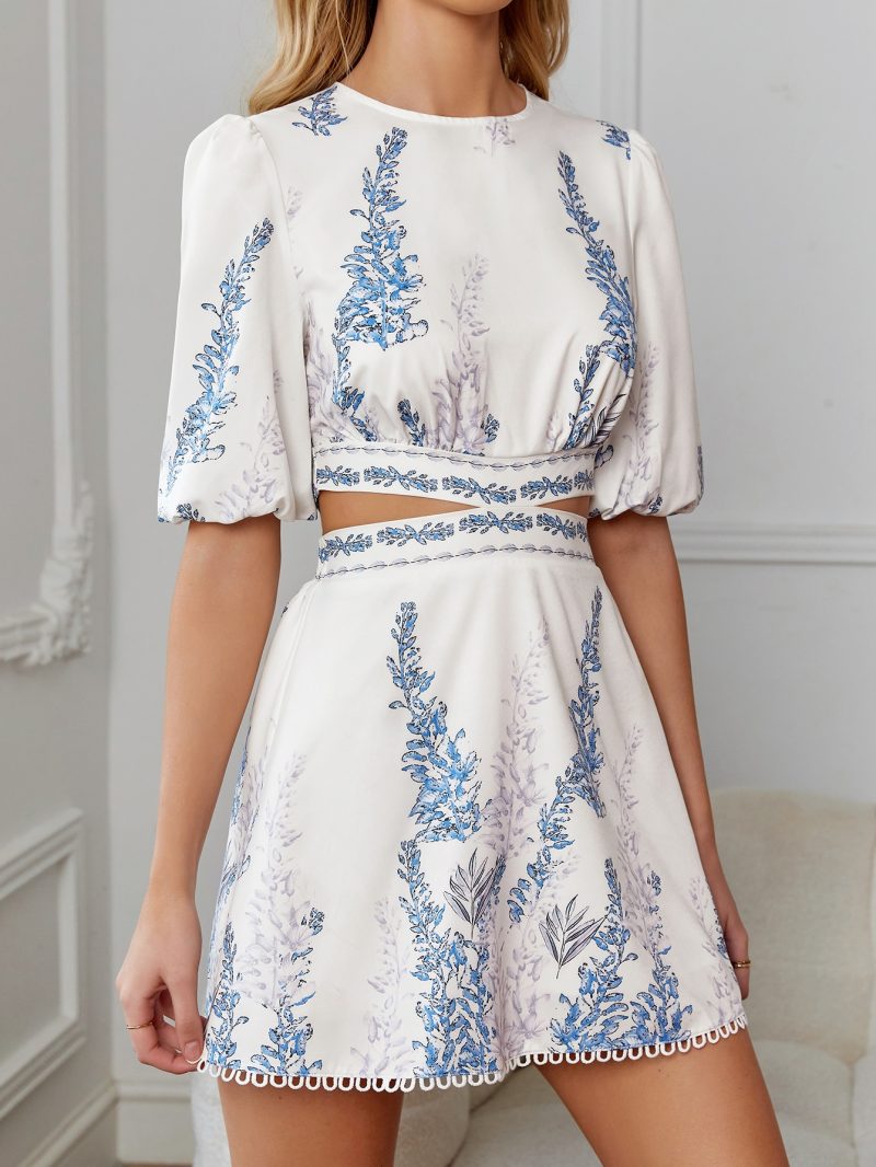 Plants Print Cut Out Waist Tie Back Puff Sleeve Dress