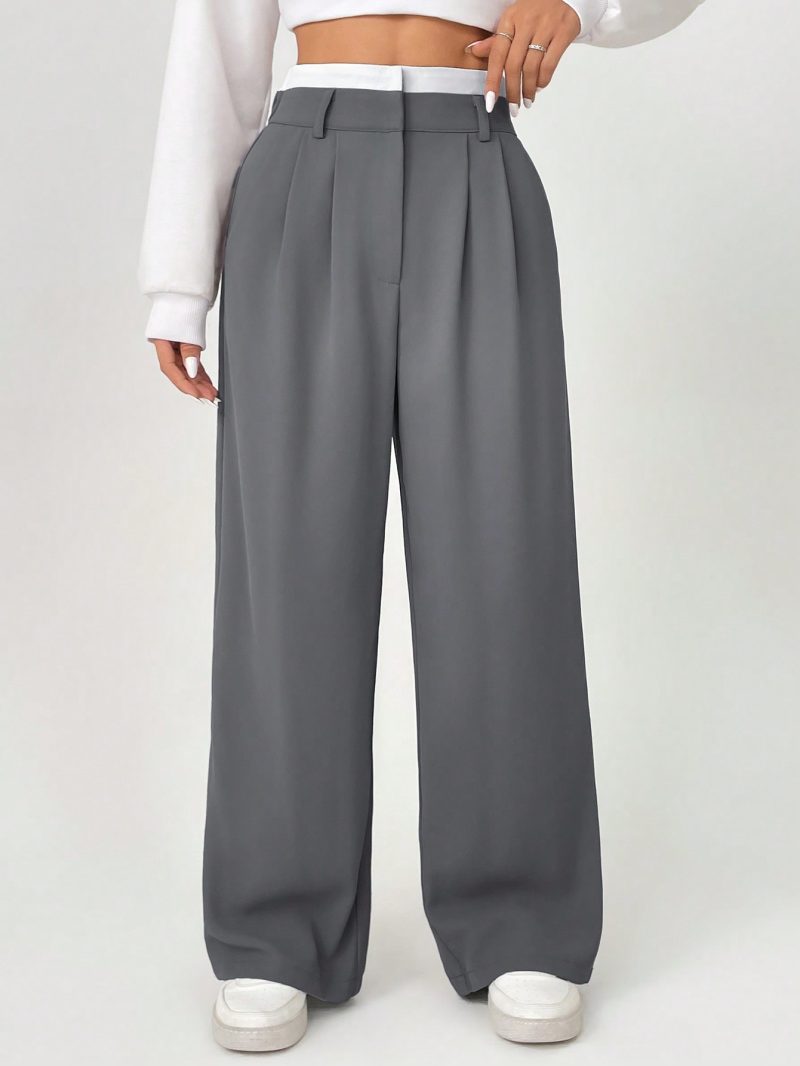 Spring Dress PantsHigh Waist Plicated Detail Wide Leg Suit Pants