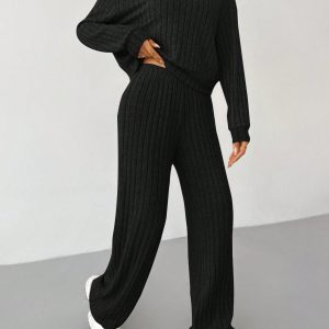 Knit Drop Shoulder Drawstring Hoodie & Pants