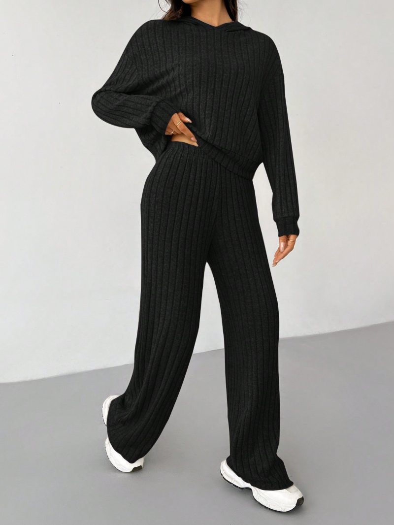 Knit Drop Shoulder Drawstring Hoodie & Pants