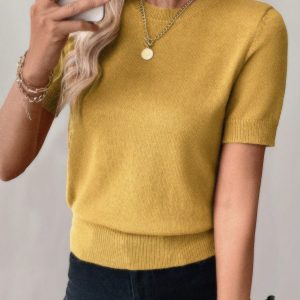 2024 New European & American Autumn/Winter Trendy Simple Design Round Neck Short Sleeve Knit Top