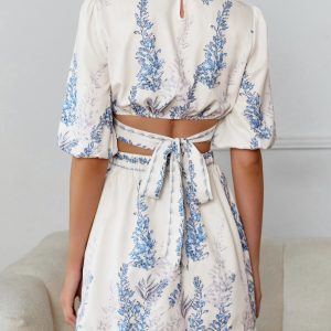 Plants Print Cut Out Waist Tie Back Puff Sleeve Dress