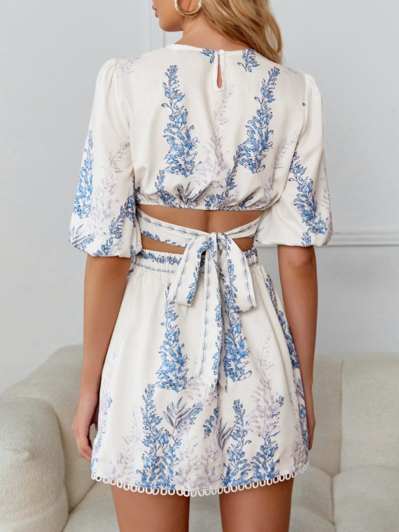 Plants Print Cut Out Waist Tie Back Puff Sleeve Dress