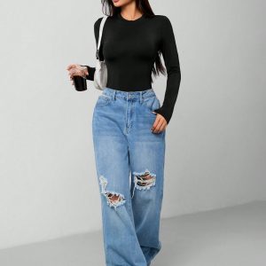 Solid Knit Stretch Fitted Black Bodysuit