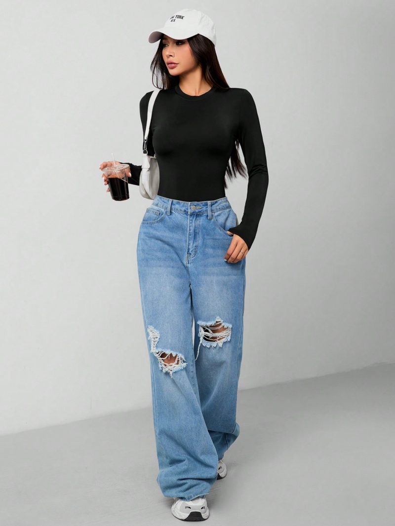 Solid Knit Stretch Fitted Black Bodysuit