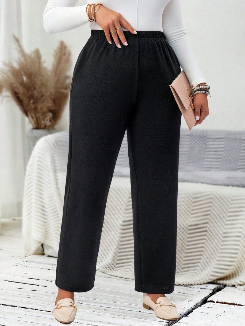 Plus Size Solid Color Elastic Waist Pocket Casual Straight Leg Pants