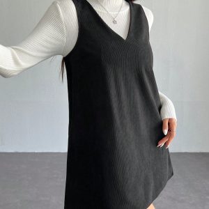 Solid V Neck Corduroy Dress Without Sweater Fall/Winter Dresses