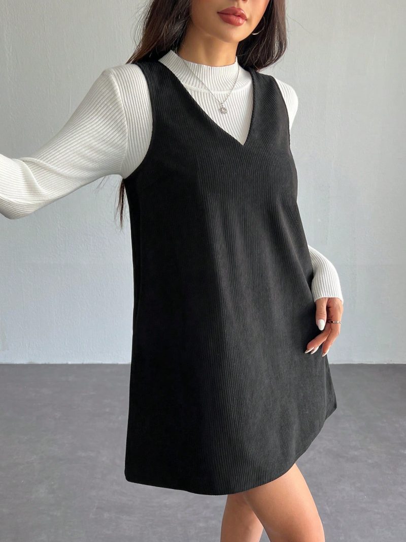 Solid V Neck Corduroy Dress Without Sweater Fall/Winter Dresses