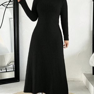 Plus Size Women High Neck Plain Long Sleeve Knitted Casual Dress, Autumn
