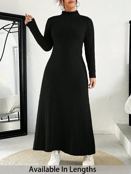 Plus Size Women High Neck Plain Long Sleeve Knitted Casual Dress, Autumn
