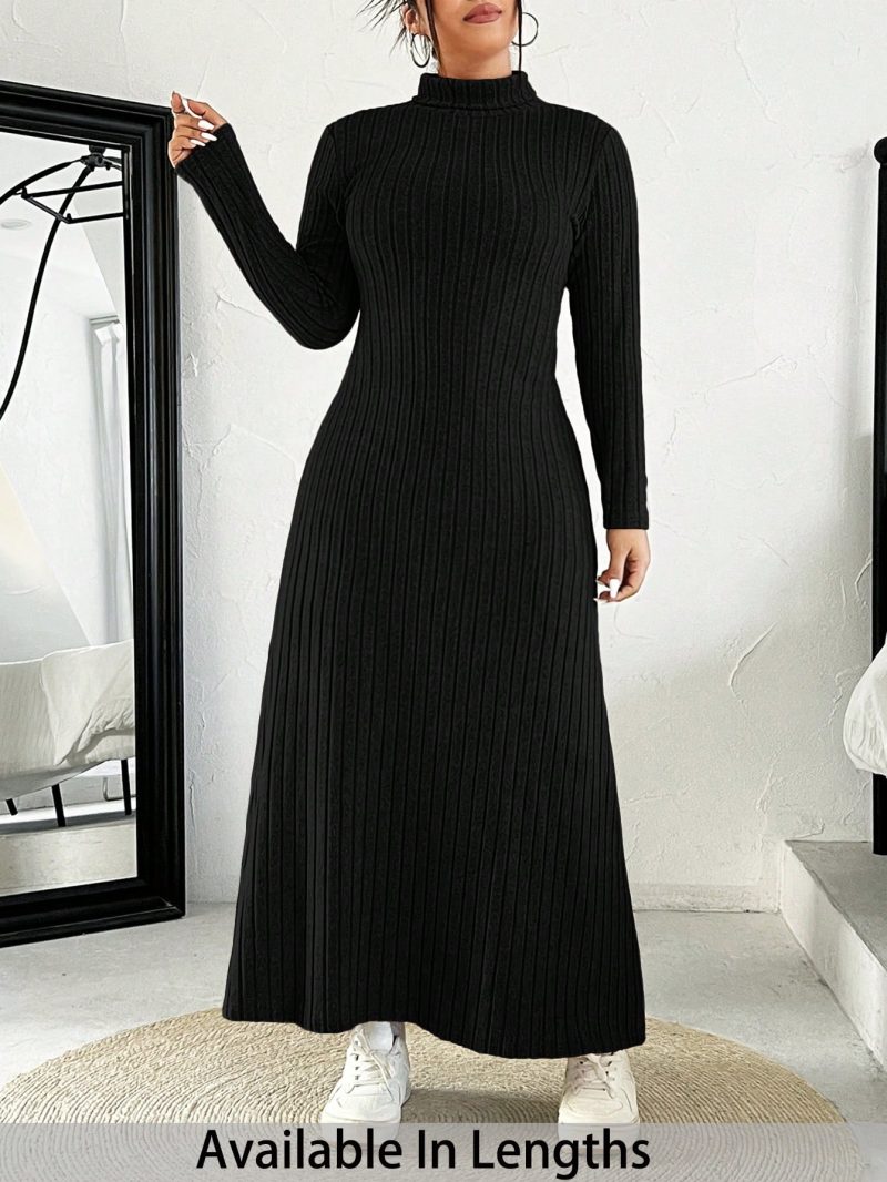 Plus Size Women High Neck Plain Long Sleeve Knitted Casual Dress, Autumn
