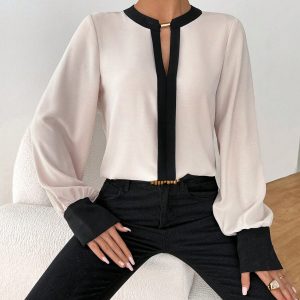 Women Metal Ring Contrast Color Long Sleeve Loose Casual Shirt