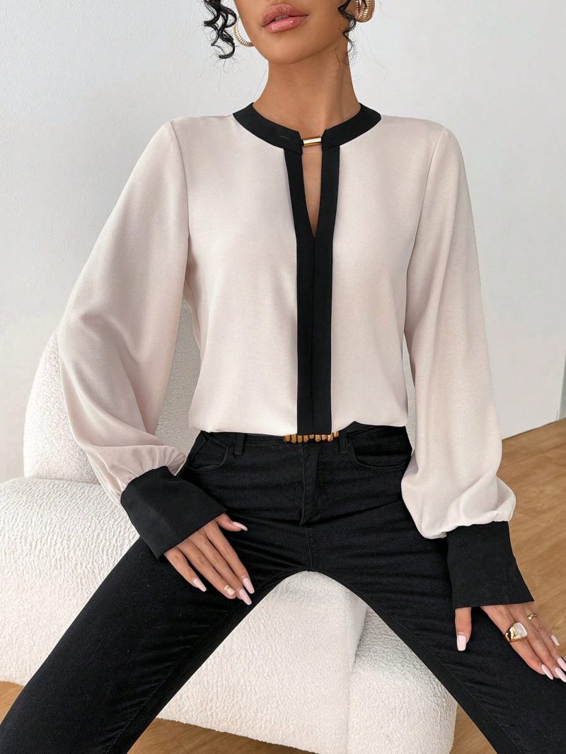 Women Metal Ring Contrast Color Long Sleeve Loose Casual Shirt