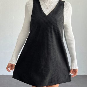 Solid V Neck Corduroy Dress Without Sweater Fall/Winter Dresses
