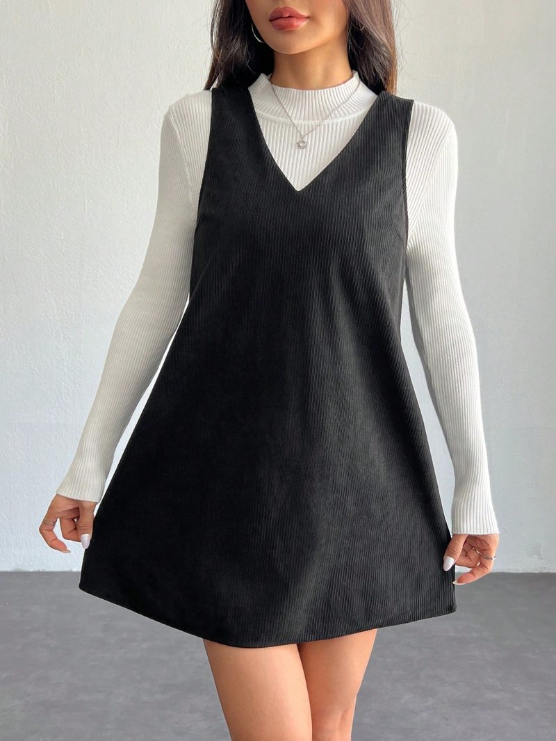 Solid V Neck Corduroy Dress Without Sweater Fall/Winter Dresses