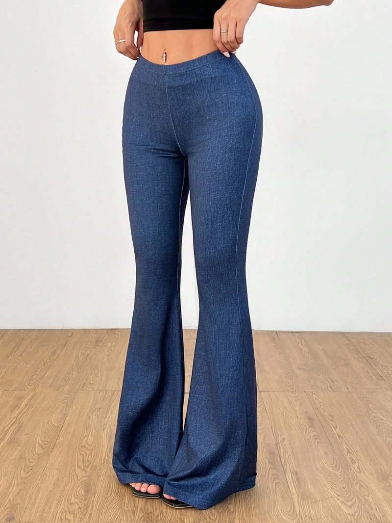 Denim Print Slim-Fitting Sexy Butt-Lifting Flared Pants With Gathered Back Waist