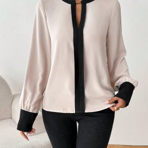Women Metal Ring Contrast Color Long Sleeve Loose Casual Shirt